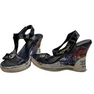 Vintage Y2K Ed Hardy Koi Fish Strappy Wedges Size Small 4” Platform Sandals